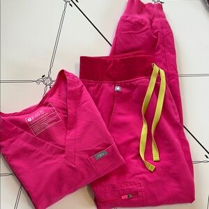Figs Hot Pink Scrub Set with Lime Accents